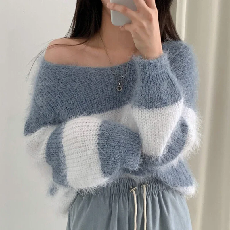 EVNISI Autumn Winter Women Striped Patchwork Sweater O-Neck Long Sleeve Mohair Elegant Pullovers Warm Loose Sweater Jumpers 2024