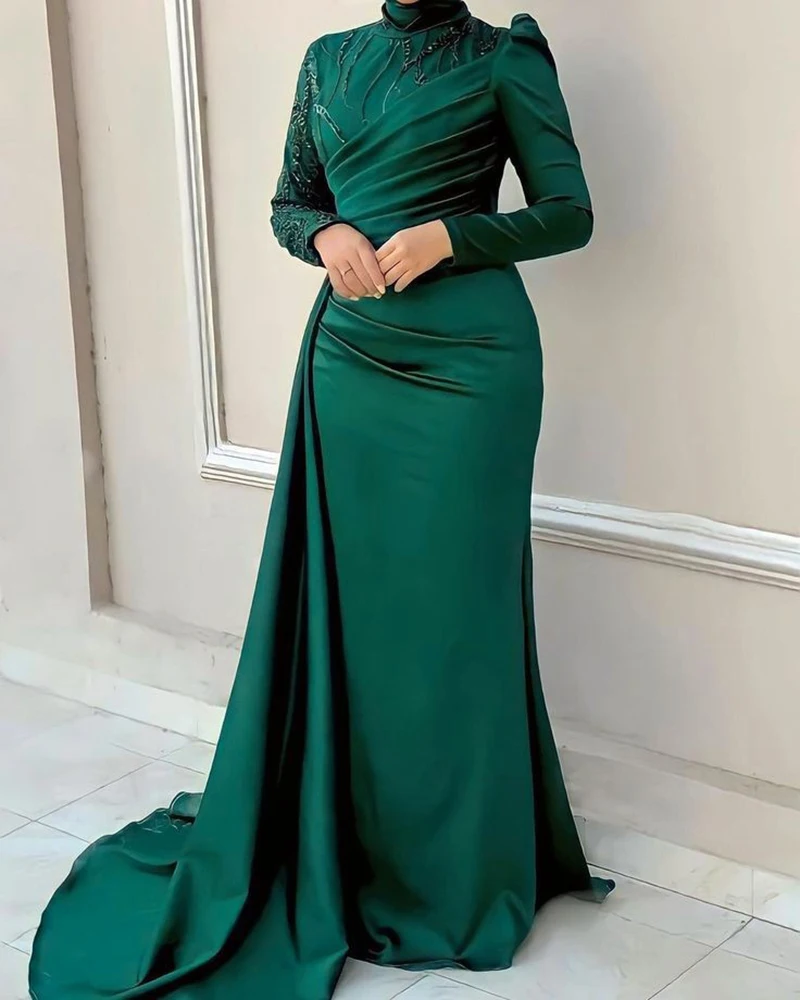 Green Hijab Full Sleeve Muslim Evening Dresses Mermaid Arabic Dubai Prom Formal Party High Neck Satin Gown Moroccan Caftan Robe