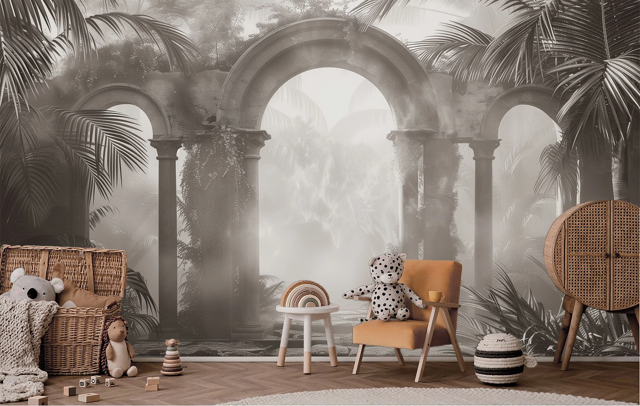Ancient Roman Arches Tropical Jungle Wallpaper Mural Green Palm Tree Botanical Peel and Stick Wall Mural for Living Room Bedroom