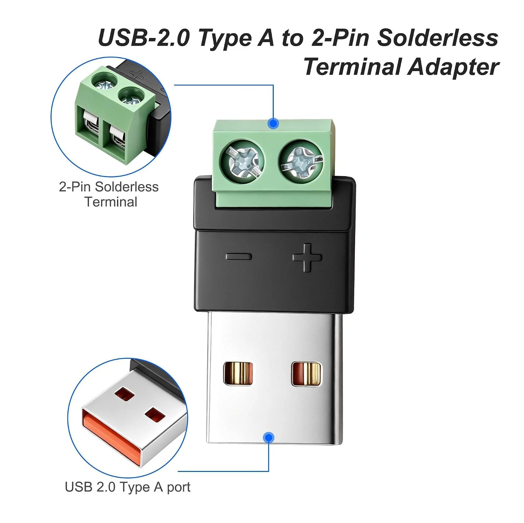 USB Type A Male to 2Pin Screw Terminal Solderless Connectors 12V 5A Power Adapter Block for DIY Phone Charging Cable Repair