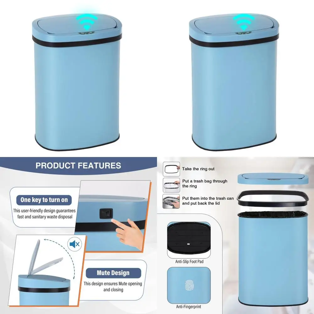 

13 Gallon Blue Stainless Steel Trash Can with Automatic Touch Lid and Motion Sensor - Waterproof Kitchen, Home, and Office Use