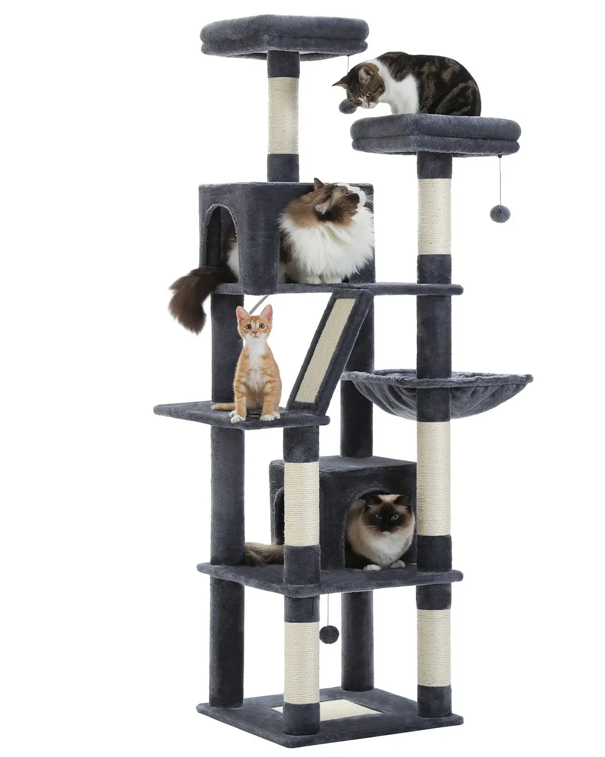 71inch Large Cat Tree For Indoor Cats, Multi-Level Cat Tower Cat Scratching Post With 2 Perches, 2 Condos, Hammock And 2 Pompoms