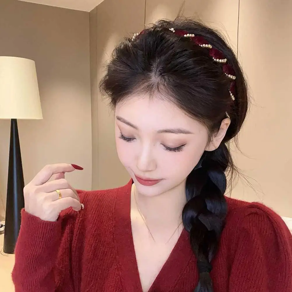 ヴィンテージベルベットパールウェーブトップヘアバンド滑り止め歯ヘアバンド女性ガールズファッション甘いヘアアクセサリー