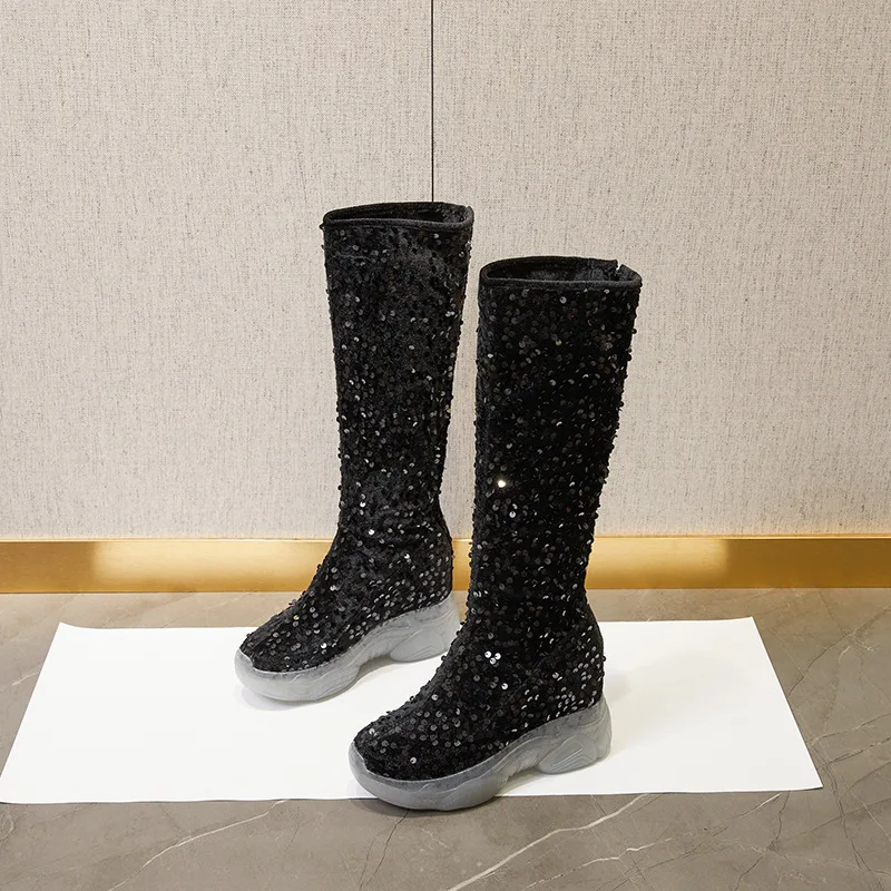 

New 8cm Synthetic Women Boots Autumn Platform Wedge British Ankle Spring Synthetic Knee High Winter Plush Boots Leather Shoes