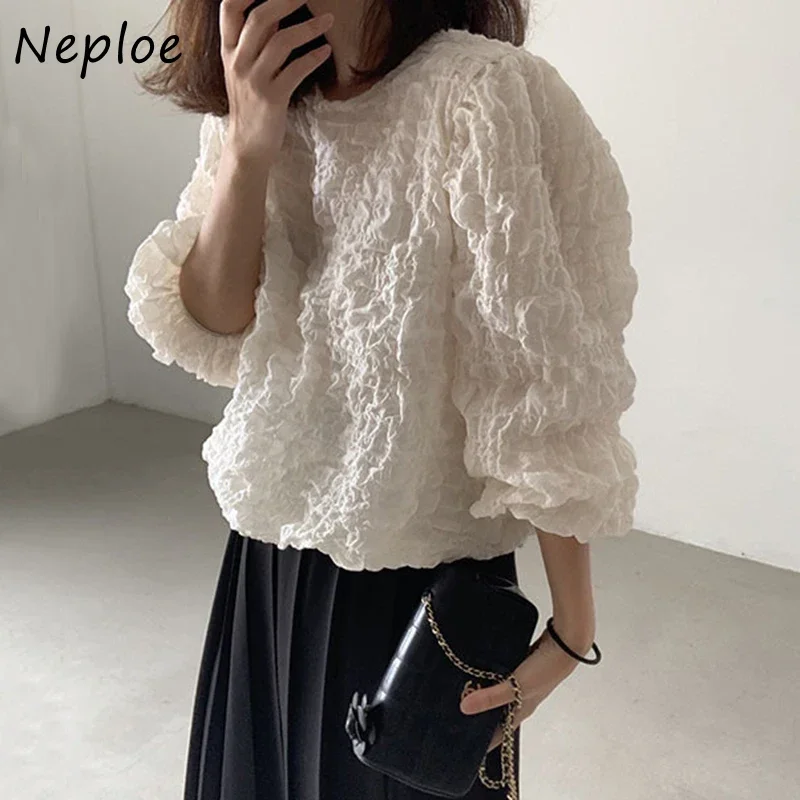 Neploe Round Neck Loose Blusas Korea Chic Autumn Simple Ladies Shirt Fold Design Bubble Cotton Long Sleeve Womens Blouses Top