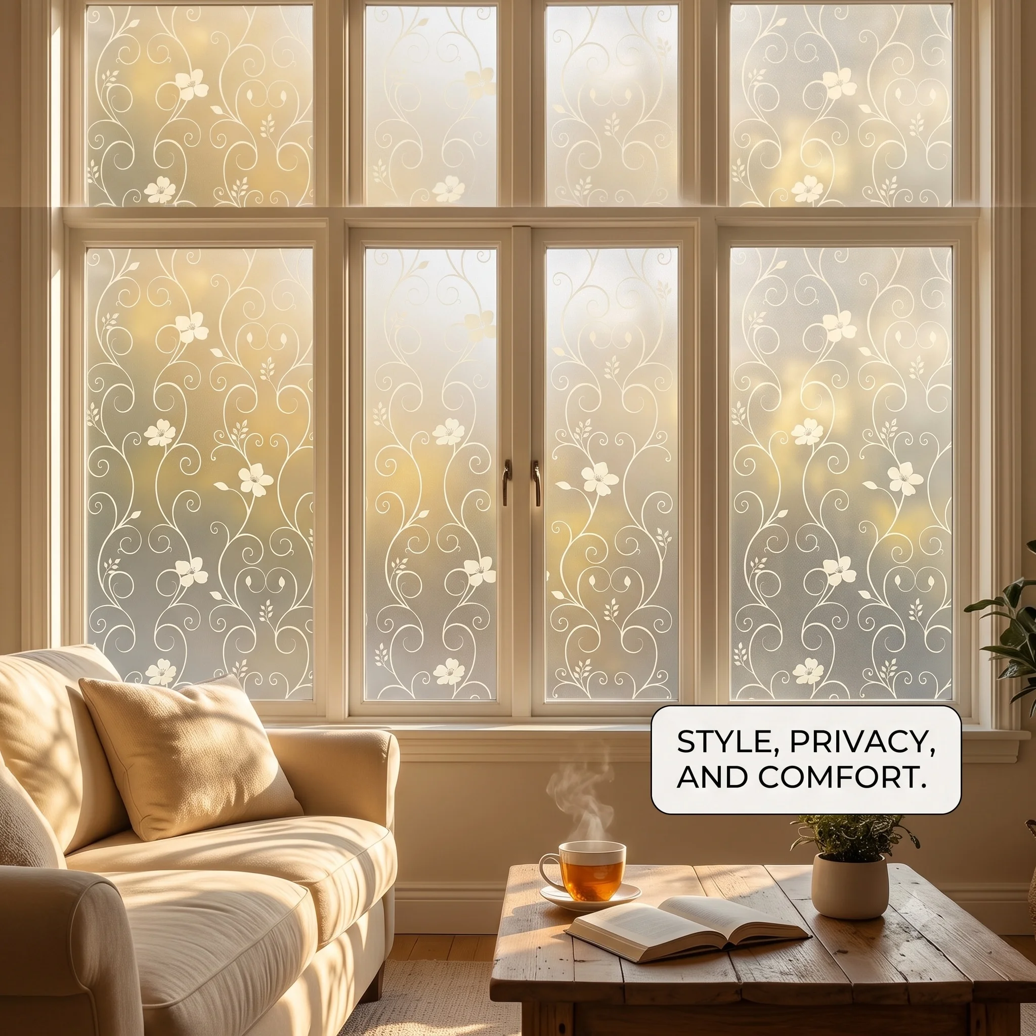 Floral Vine Frosted Window Film Self Adhesive Curly Scroll Flower Privacy Glass Sticker Anti UV Opaque Self-Stick Window Tint