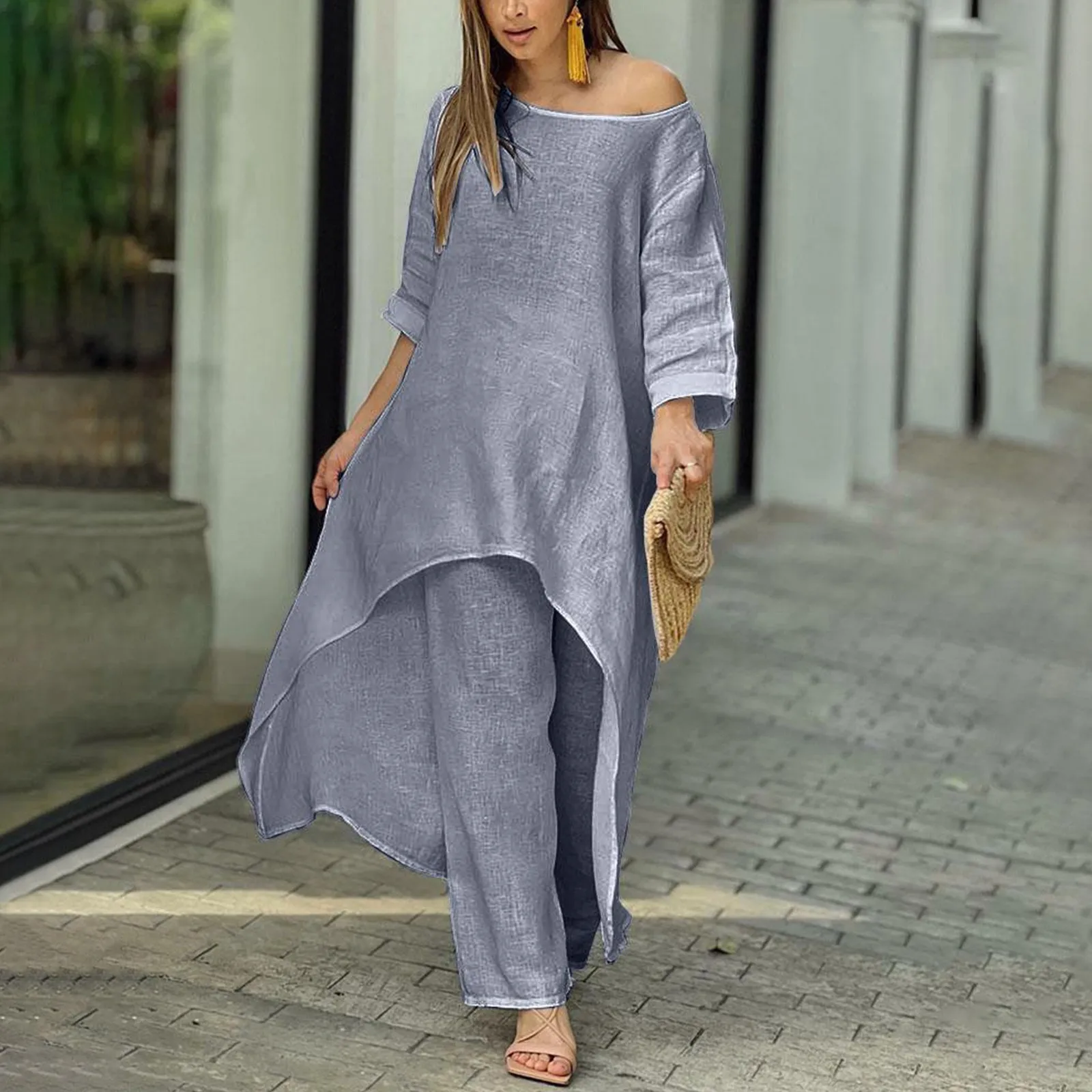 African Clothes 2 Piece Women Set Women Outfits Cotton Linen Suit Long-Sleeved Dress And Pants Loose Trousers Casual Party Sets