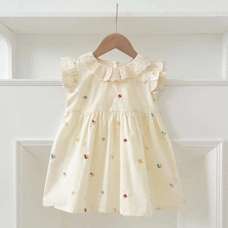 فستان بناتي بأكمام طائرة صيفي جديد لطيف مطرز ومطبوع فستان الأميرة ملابس الأطفال الصغار من عمر 2 إلى 6 سنوات ملابس بياقة مكشكشة