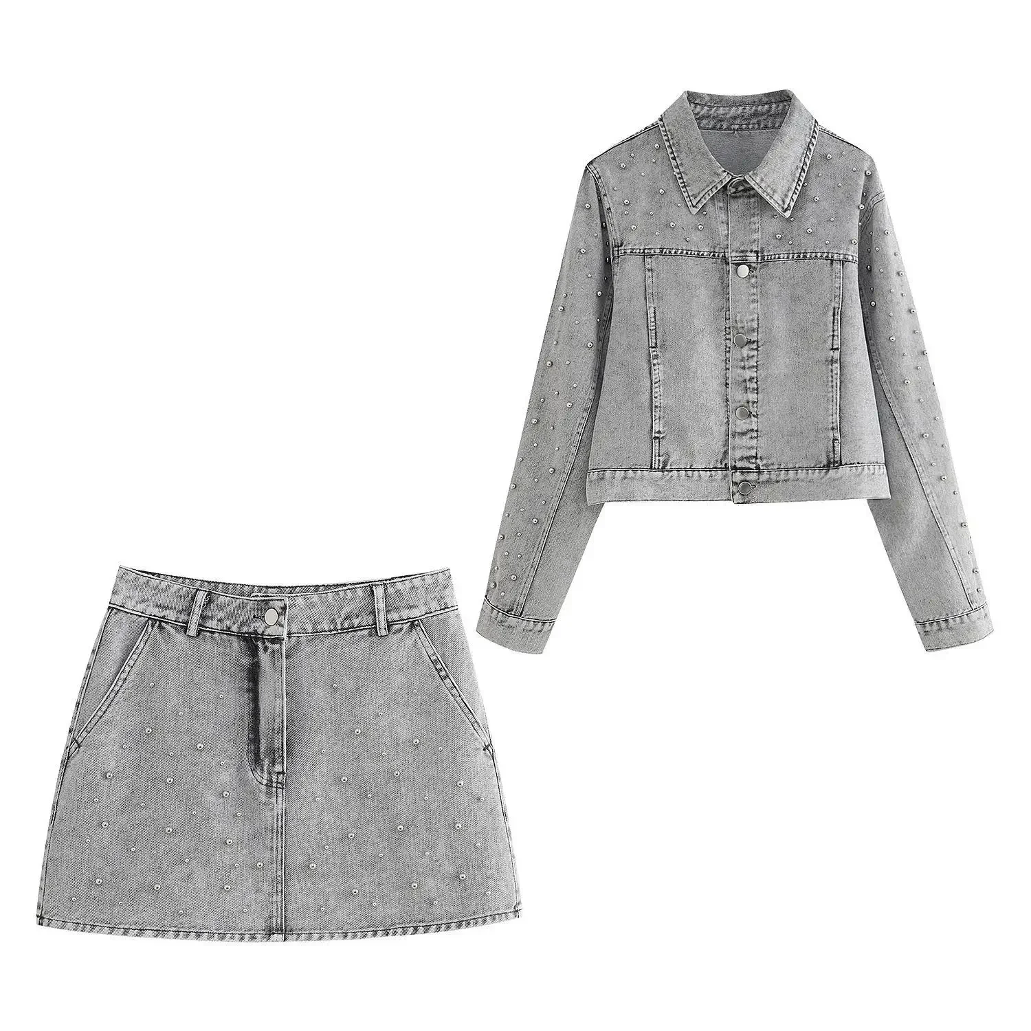 

Элегантная летняя новая женская джинсовая юбка длиной до колена, модная джинсовая куртка с жемчугом, комплект мини-юбки из хлопка