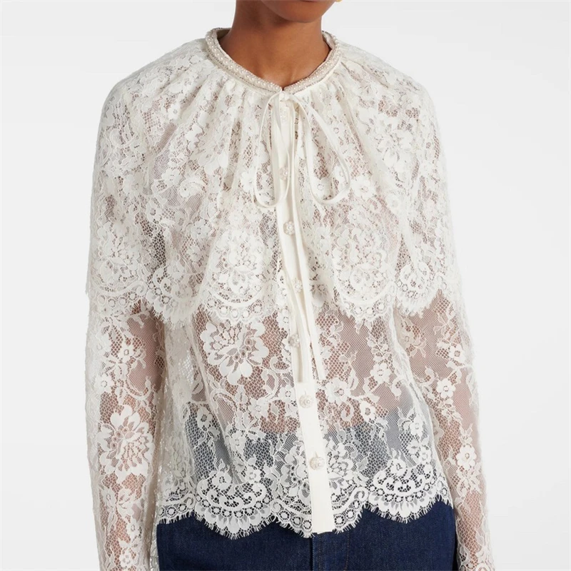 The 2025 autumn new women's round-neck beaded cutout cape-style lace shirt y2k high-quality fashionable and casual pullover