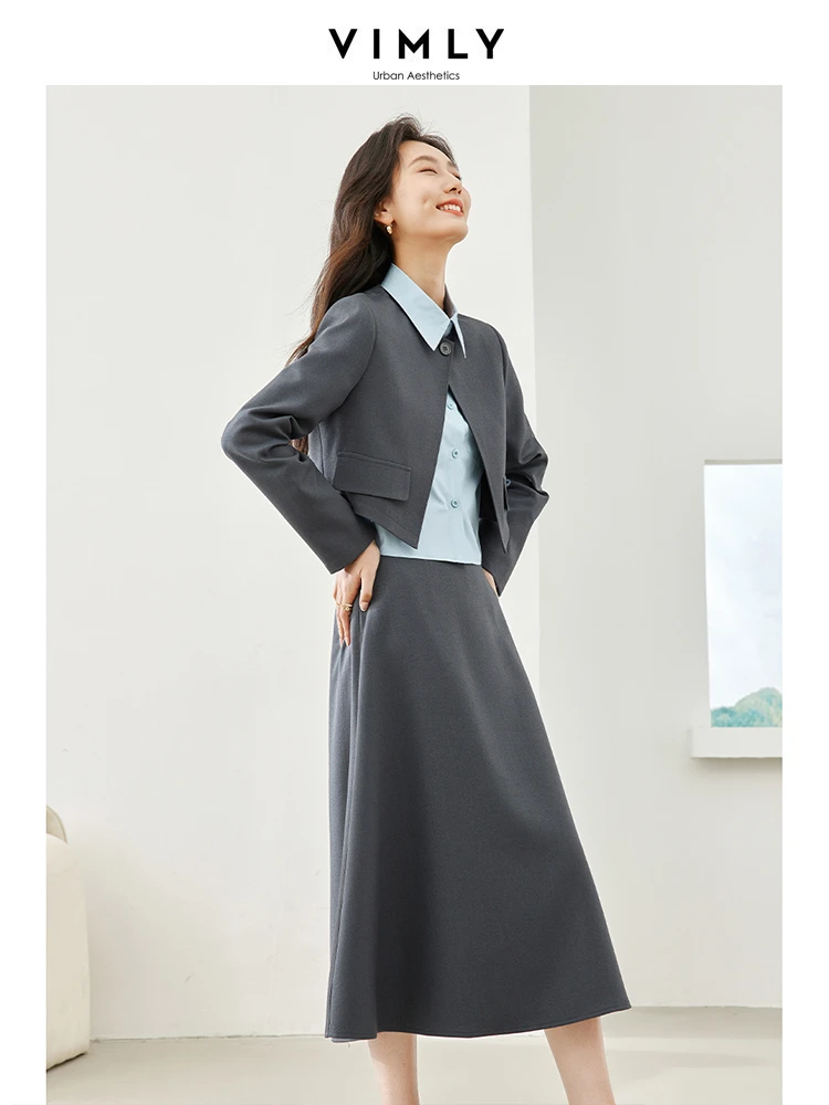 Vimly Spring Women Blazer Suit 2024 Long Sleeve Jacket Lapel Shirt Midi Skirts Three Pieces Sets New In Matching Set M5789