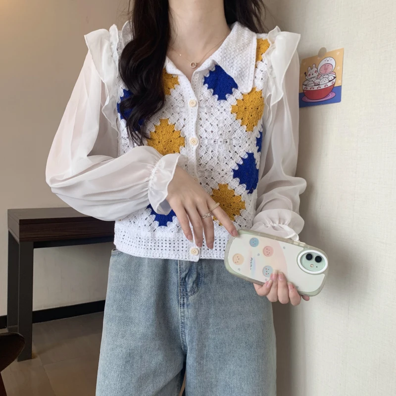 Boring Honey Square Single Breasted T-Shirts Spliced Chiffon Bubble Sleeves Short Tops Women Turndown Collar Women Clothing