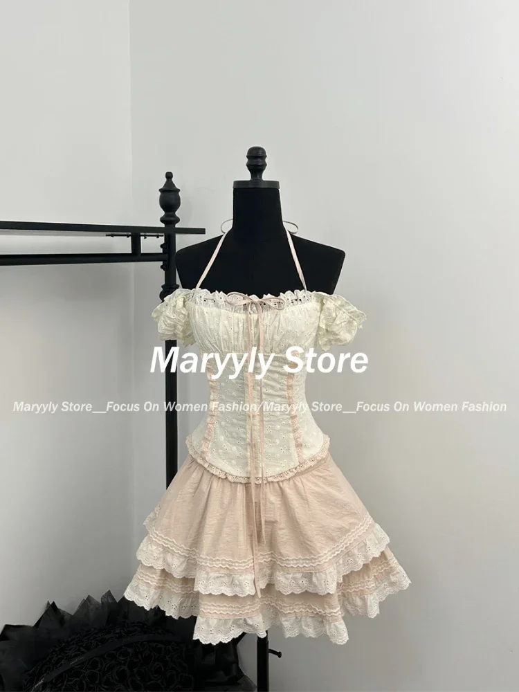 Summer Japanese Sweet Elegant Skirt Suit Women Kawaii Y2k Lace Bow Short Tops Cute High Waist Mini Cake Skirt New 2 Piece Set