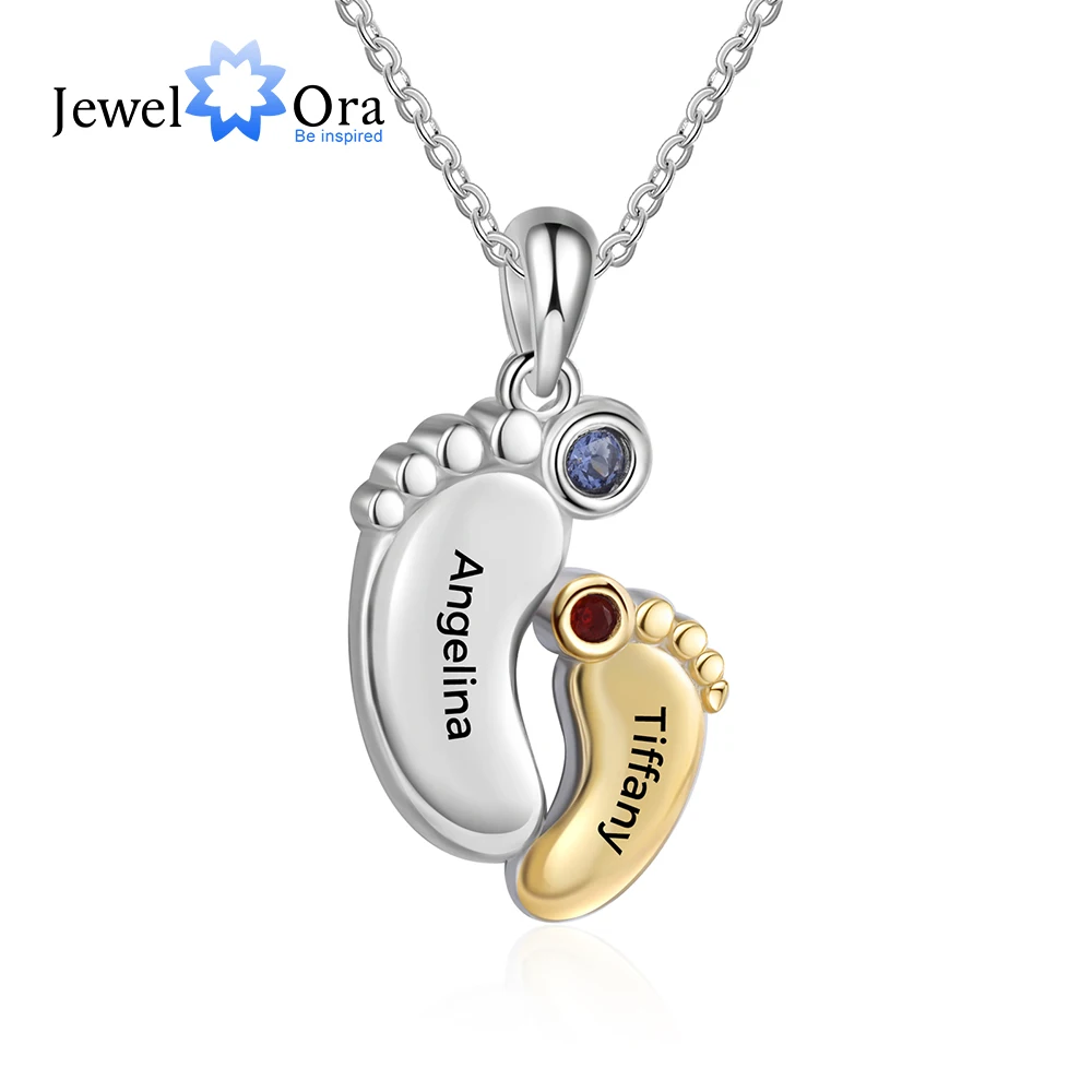 Personalized Baby Feet Pendant with 2 Birthstones Gold & Silver Color Custom Name Engraved Necklace Mothers Day Gifts for Her