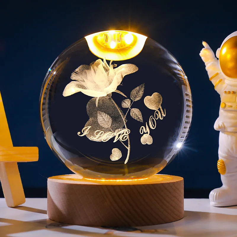 Sfera di cristallo 3D Gesù Galassia Luci decorative Base in legno con sfera di cristallo da 6 cm Pianeta Luce notturna Intaglio laser Regali per le vacanze
