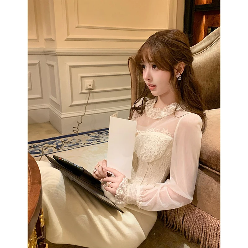 

Винтажные укороченные кружевные рубашки MEXZT для женщин: нежные и элегантные блузки с сетчатыми вставками, летние корейские топы с длинным рукавом и приталенным силуэтом