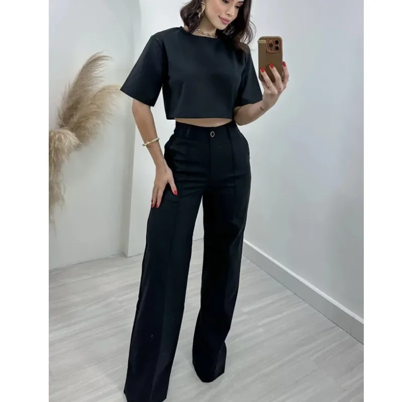 Solid Pants Sets Women Pullover Tops O Neck Matching Sets Full Length Straight Pants Pockets Loose Office Lady High Waist