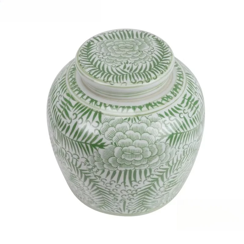 RZSI10-E Green and White Floral Pattern Ceramic Ginger Jar Home Decor