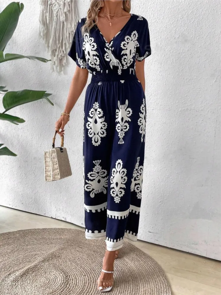 

2025 Women Boho Print Jumpsuit Fashion Sexy V-Neck Short Sleeve High Waist Wide Leg Pants Jumpsuits Lady Summer Womens Clothing