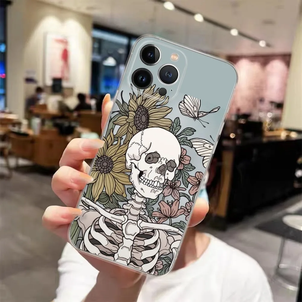 

Flower Skull Light Color Phone Case For iPhone 15 14 13 12 11 Pro Xs Max Mini XR X 7 8 Plus Transparency Funda Anti Drop Cover
