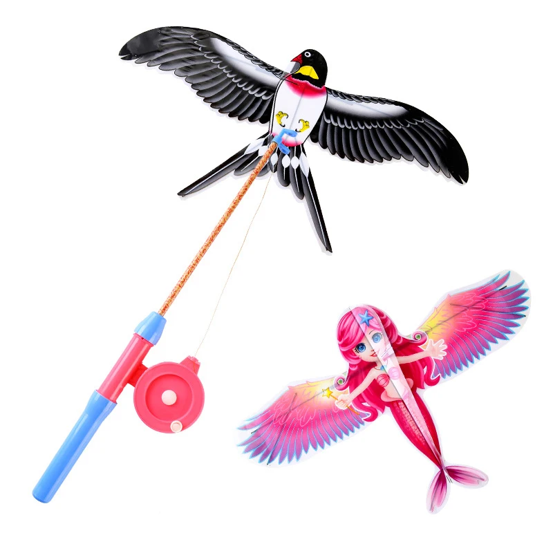 Cartoon Children Kite Mini Plastic Toys Kite 40cm Hand Brake Fishing Rod Outdoor Toys For Kids Gifts