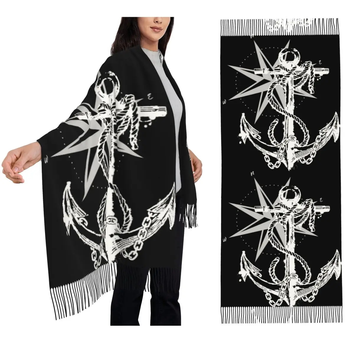 Nautical Compass Captain Anchor Boat Scarf Tassel Scarves for Women Soft Warm Shawls and Wraps Long Fall Winter Shawl Wrap