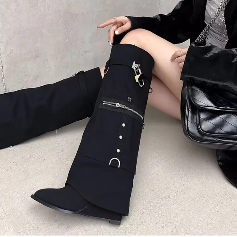 Pointed Women\'s Wedge Over Knee Denim Boots 2023 Autumn New Metal Rivet Silver Lock Women\'s Pants and Boots Large 43 Black White