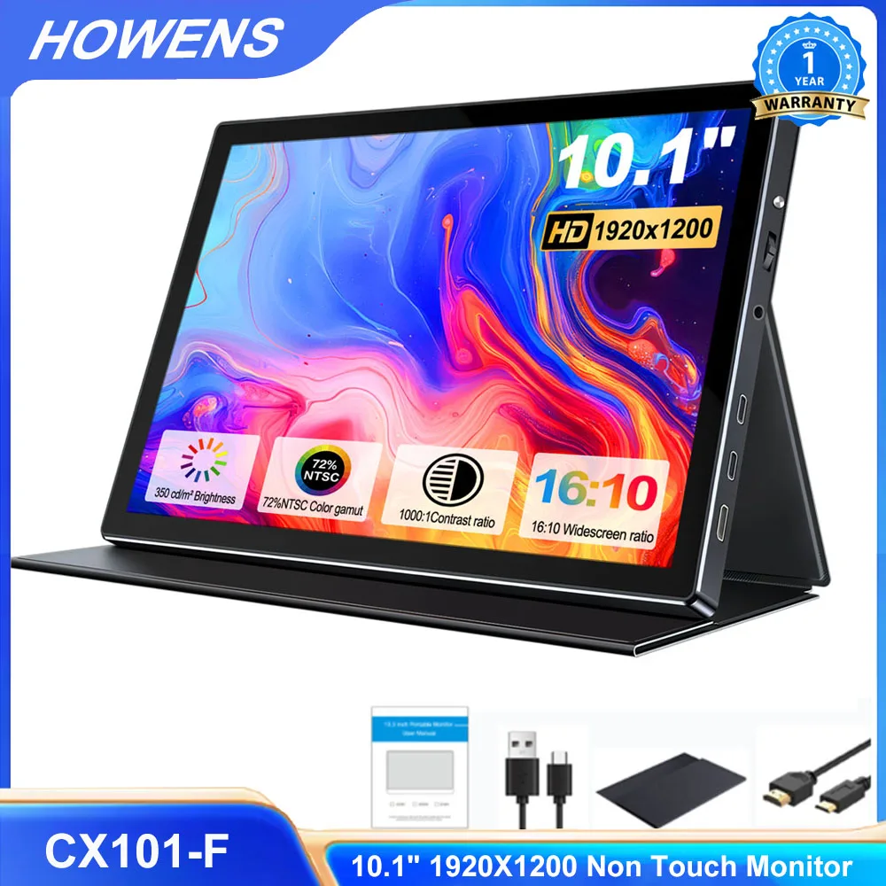 

Портативный монитор HOWENS 10.1 дюйма, IPS-экран, дополнительный игровой экран, расширенный дисплей для ноутбука с кронштейном, для Xbox, HDMI, USB-C