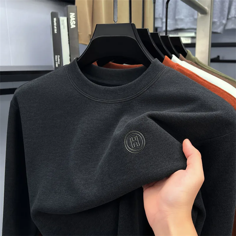 

Autumn and Winter New Men's Plush Thick Comfortable Warm Solid Color Round Neck Pullover Embroidered Base Shirt