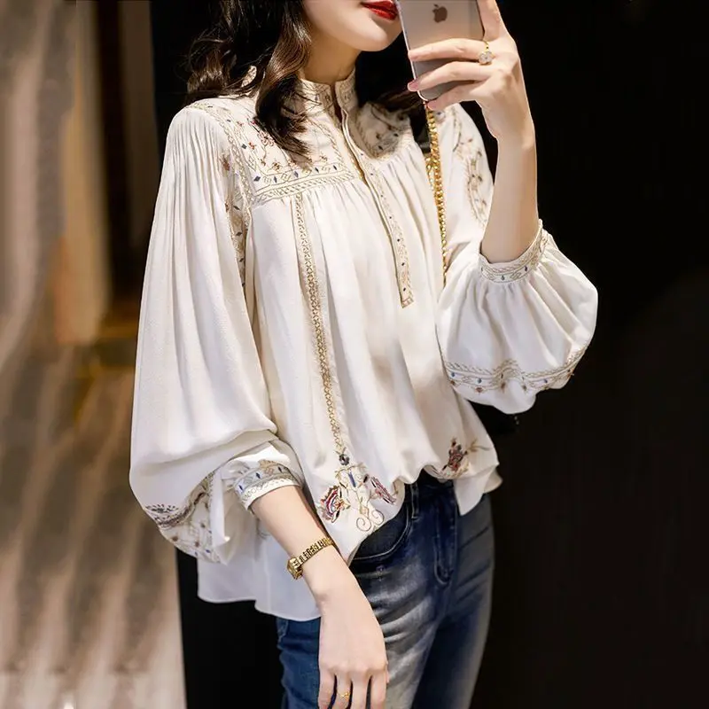 

Embroidery Palace Loose Blouse Women Lantern Sleeve Pleated Tops Oversize Princess Banquet Dinner Streetwear Chiffon Lady Shirts