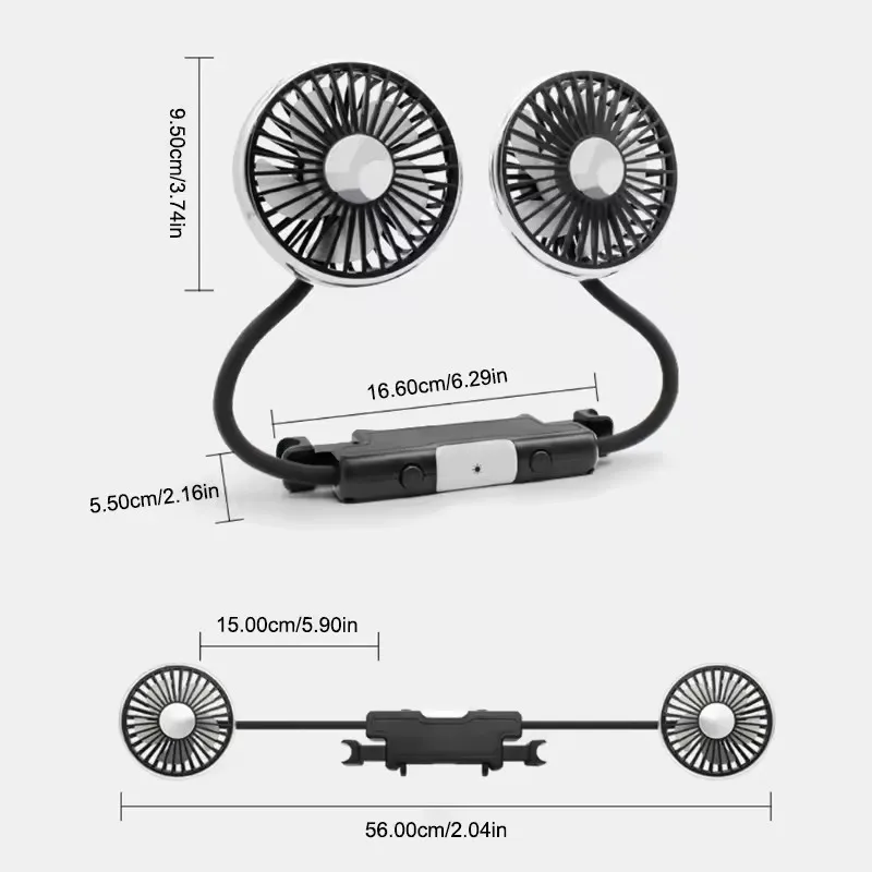Car Fan Cooling Dual Head Type-c Usb Car Fan 3 Speeds Adjustable Auto Cooler Air Fan With LED Lights Car Accessories