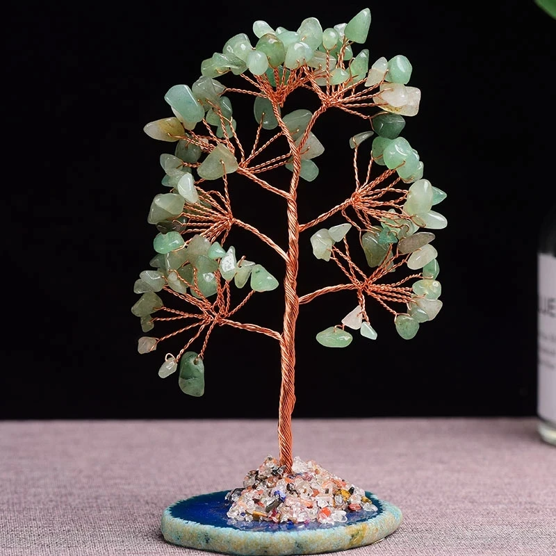 Super Mini Crystal Money Tree Copper Wire Wrapped W/ Agate Slice Base Healing Gemstone Yoga Feng Shui Trees Home Crystal Decor