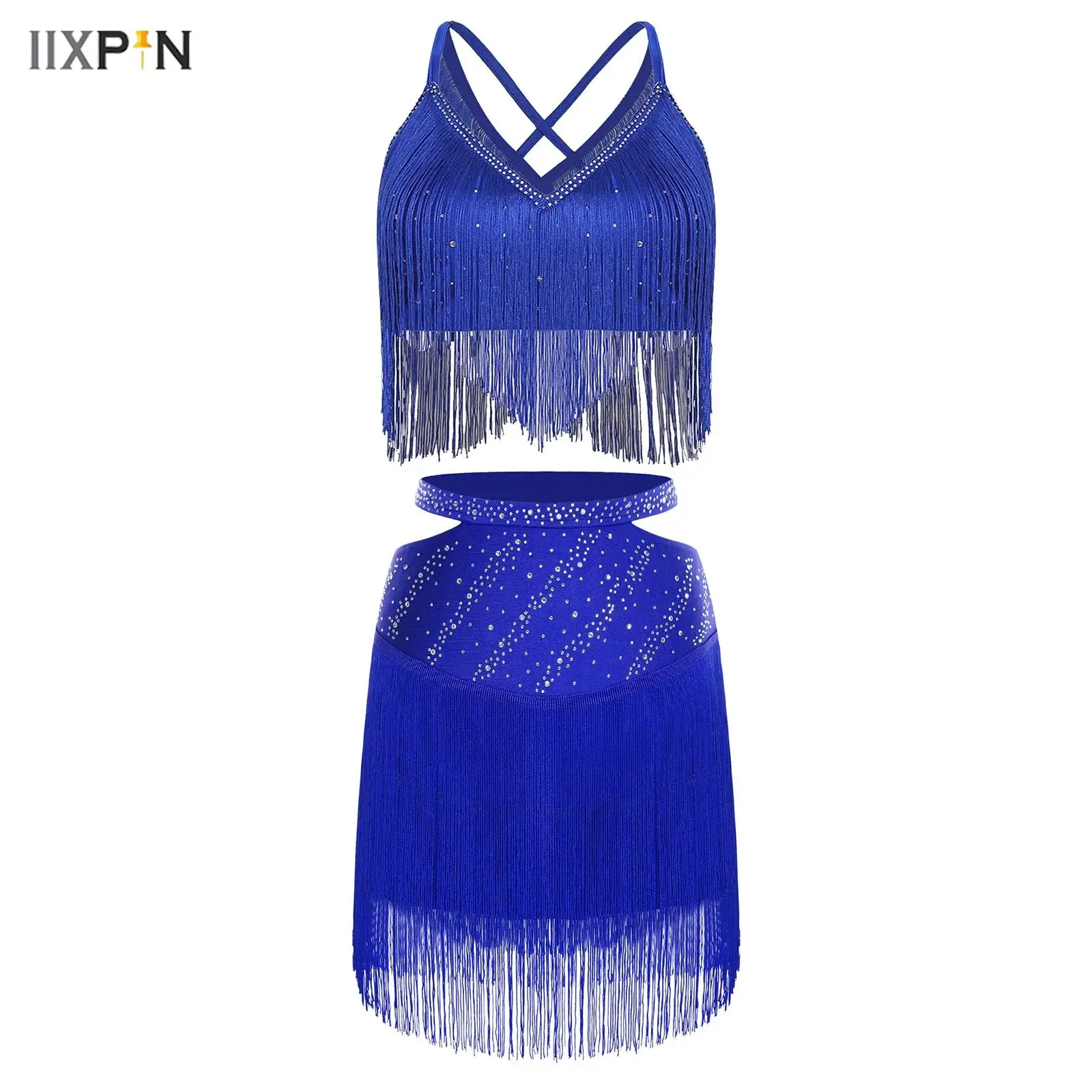 

Womens Latin Tango Dance Outfits Tassel Rhinestones V-Neck Sleeveless Crisscross Back Crop Top Cutout Waist Skirt Dancewear