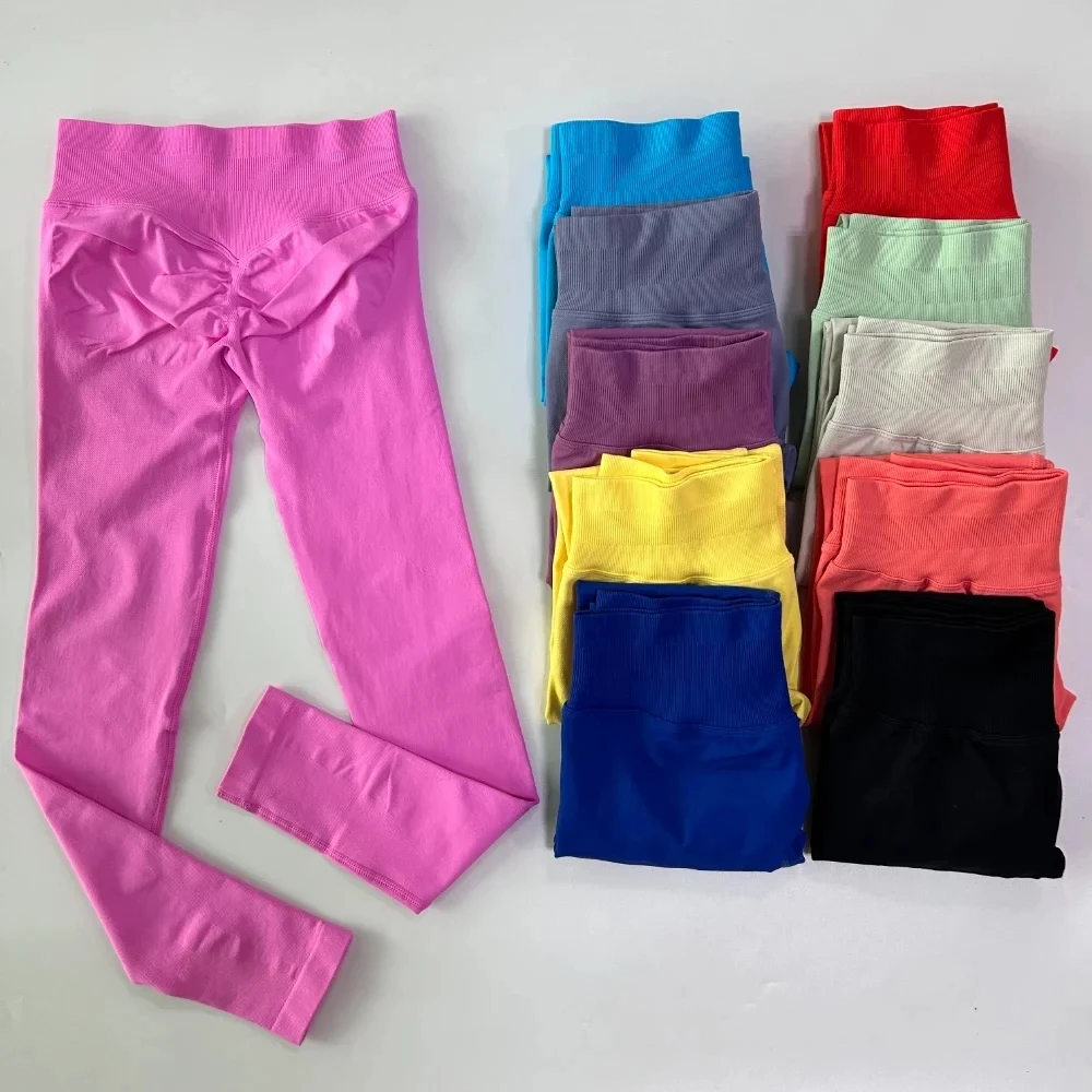 Yoga Leggings Women Low Ribbed Band Scrunch Bum Seamless Yoga Pants Gym Leggings Fitness Sweat Wicking Stretch Workout Tights