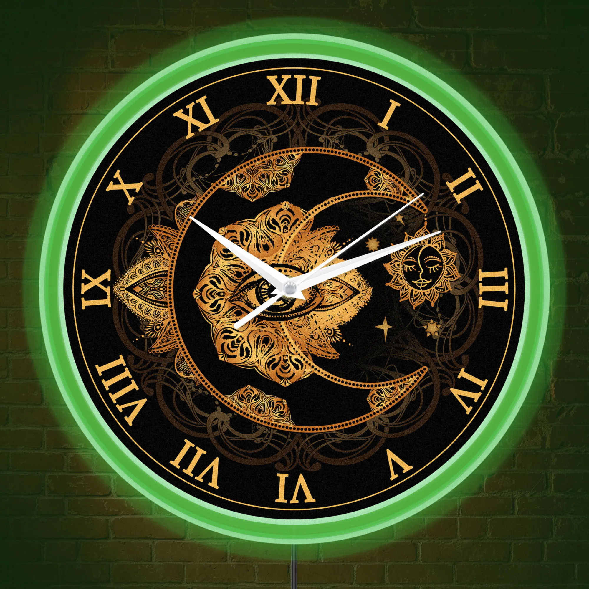 All Seeing Eye Crescent Sun Moon Wall Clock For Meditation Room Gold Ornate Mandala LED Light Up Wall Clock with Glowing Border