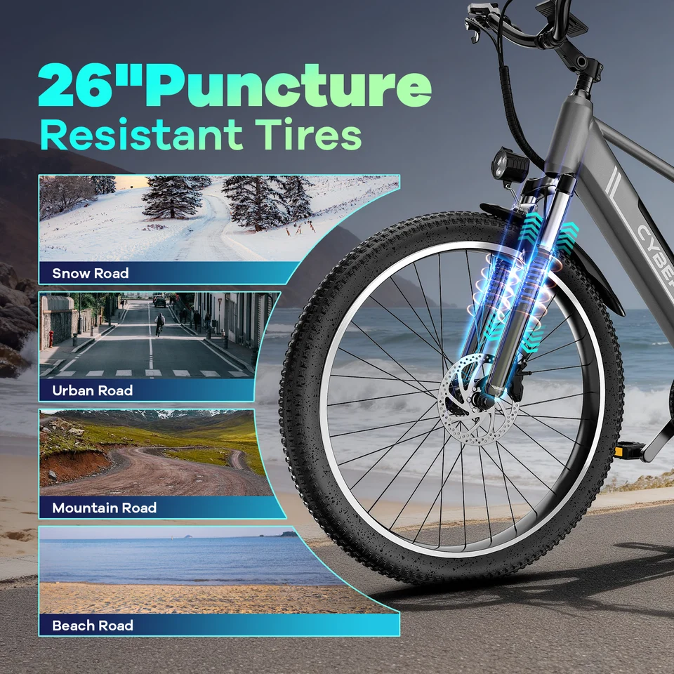 Cybervelo 26" Adult Electric Bicycle 1000W Peak Motor 48V Waterproof Battery 7-Speed Shift for Commute Beach Snow Women's And Men's EK3 image 7