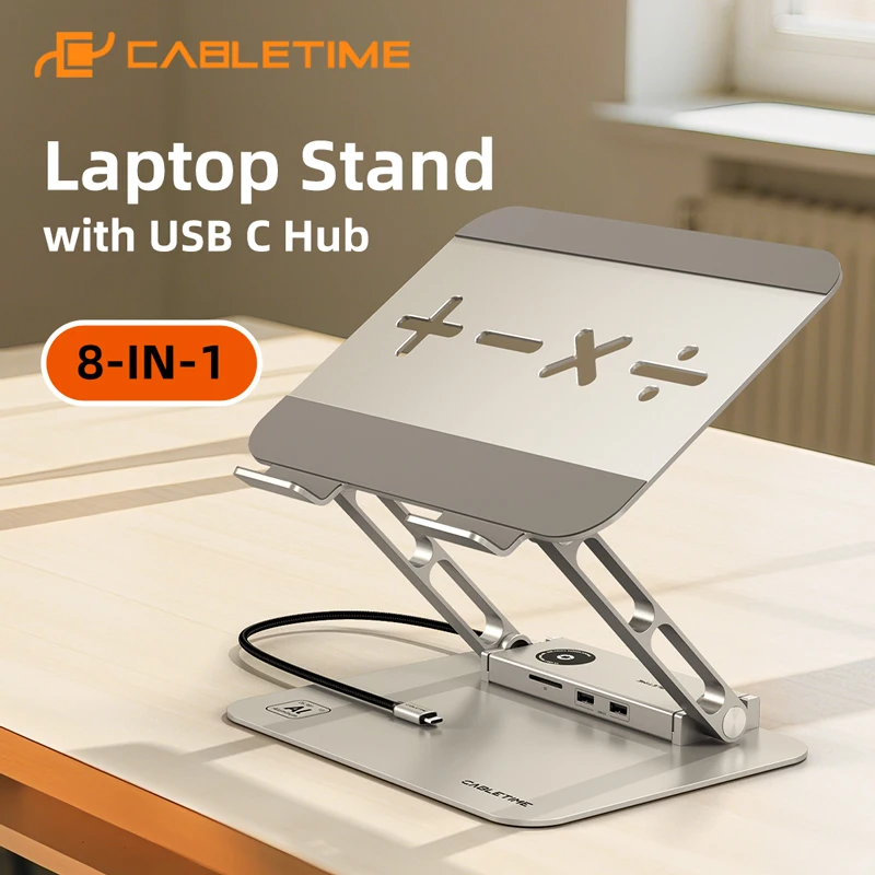 

Многофункциональная подставка CABLETIME 8-в-1 для ноутбуков с USB-C хабом, 4K30Гц, RJ45 1000Мбит/с, USB 3.0 5Гбит/с, PD100W, слотом для SD-карт, для ноутбуков Lenovo, DELL, iPad