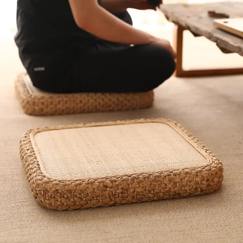 Japanese 40/50/60CM Square Rattan Futon Seat Mat Living Room Balcony Bay Window Tatami Seat Mat Dormitory Bedroom Floor Mat