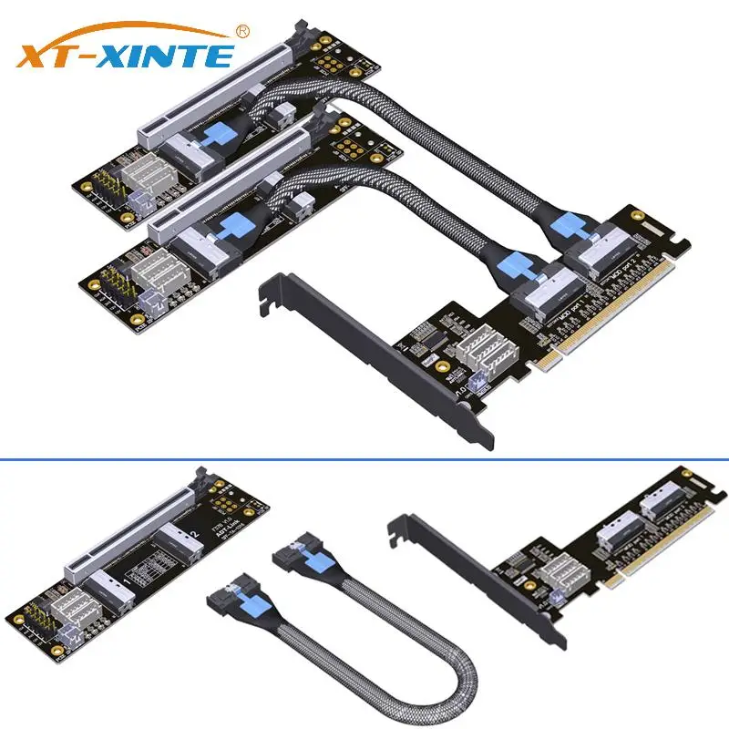 

PCIe 4.0 x16 MCIO Graphics Card Split Extention Cable Support 1 to 2 GEN4 PCI-E X16 to X8 X8 Bifurcation Adapter Riser Card