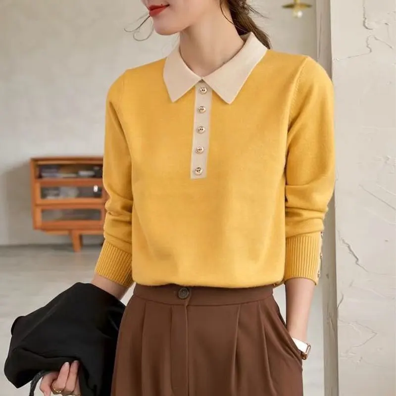 Office Lady Autumn Winter New Solid Color Patchwork Sweaters Elegant Peter Pan Collar Fashion Button Korean Casual Loose Jumpers