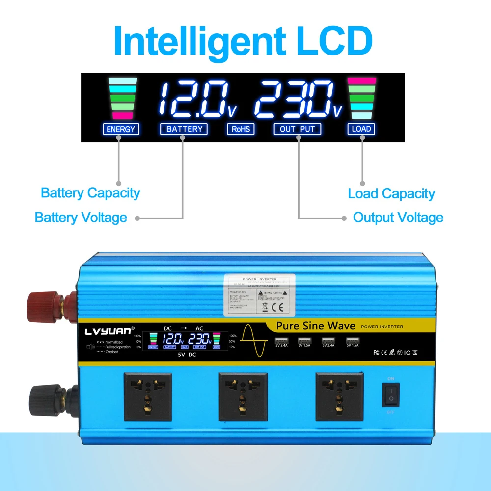 DC Ac Power 2500 Watts 5000W 12v Inverter Pure Sine Wave 12V 24V To 110V 220V 230V - view 3