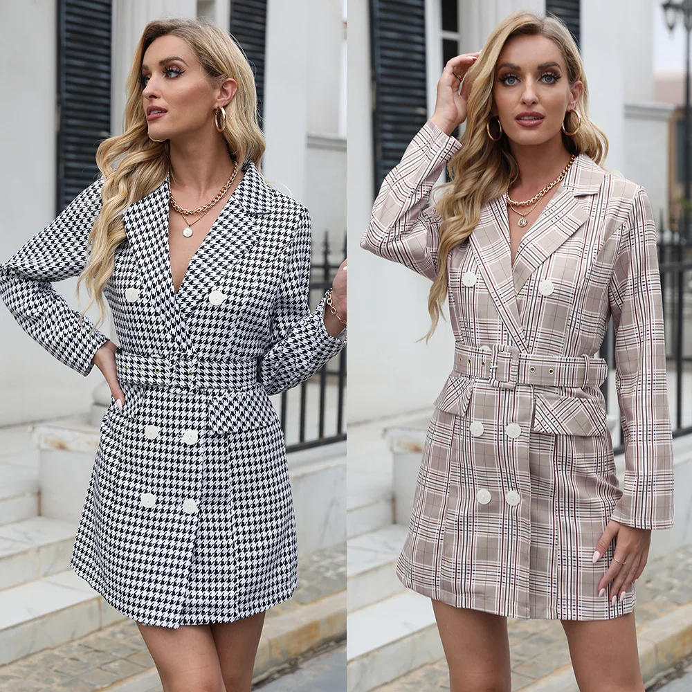 Otoño Invierno estampado a cuadros cuello irt Dr traje de mujer Dr Sli Basic Sle Long Sve entrevista Dr