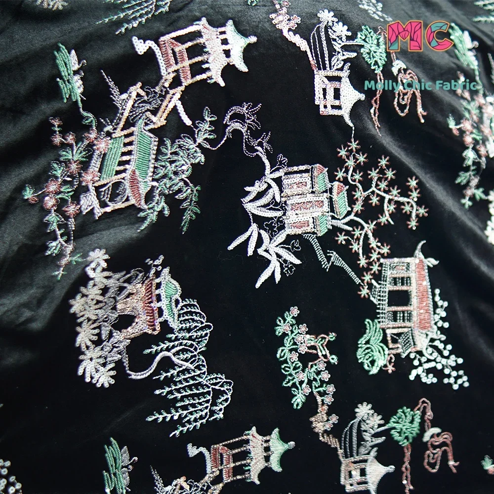 ผ้ากำมะหยี่ปักลายสไตล์จีนระดับไฮเอนด์แบบใหม่ ยืดได้สี่ด้าน สำหรับตัดเย็บเสื้อผ้าเด็ก ผ้ากี่เพ้าจีนแบบใหม่