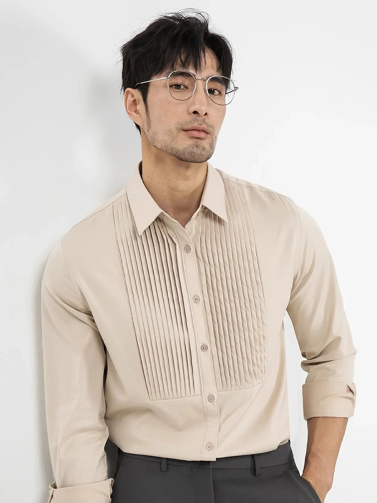 

Ele Long Sve Slim Fit Men's irt Iron Free Dr irt Korean Sle Autumn Faionable Stand Fit Busin Casual S...