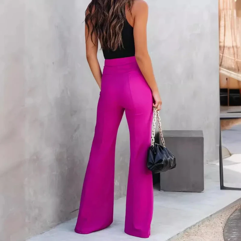 Calça de bolso elástica de cintura alta feminina, emendada, monocromática, fina, minimalista, versátil, casual, flare, verão, novo, moda, 2024