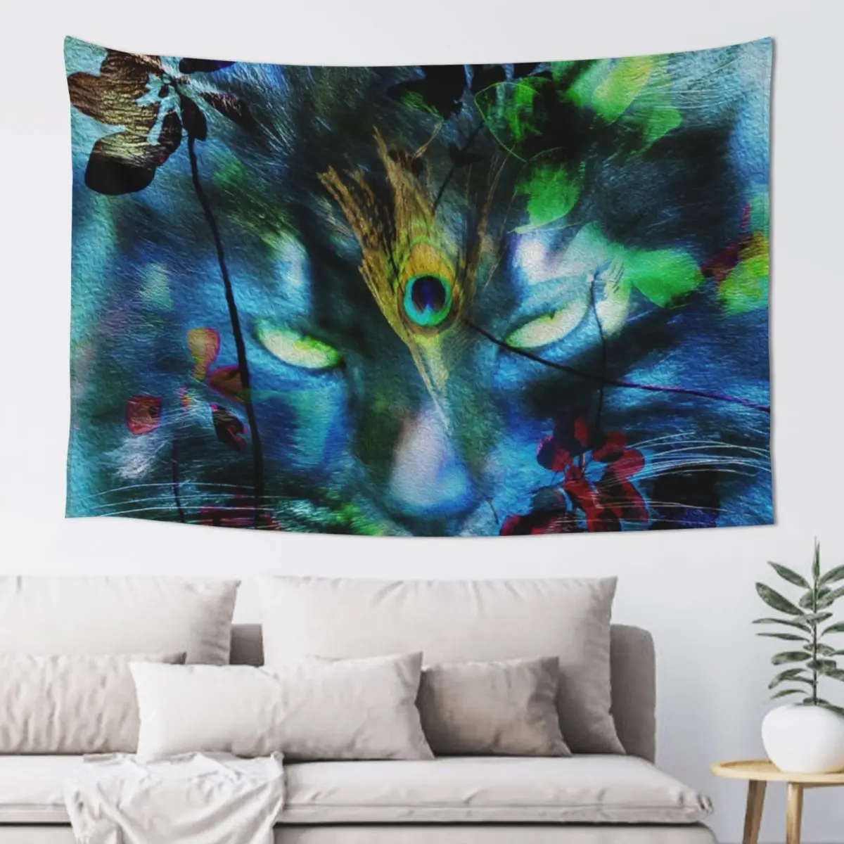 

The peacock feather cat Tapestry Wall Decor Hanging Wall Carpet Home Decor Aesthetic Tapestry