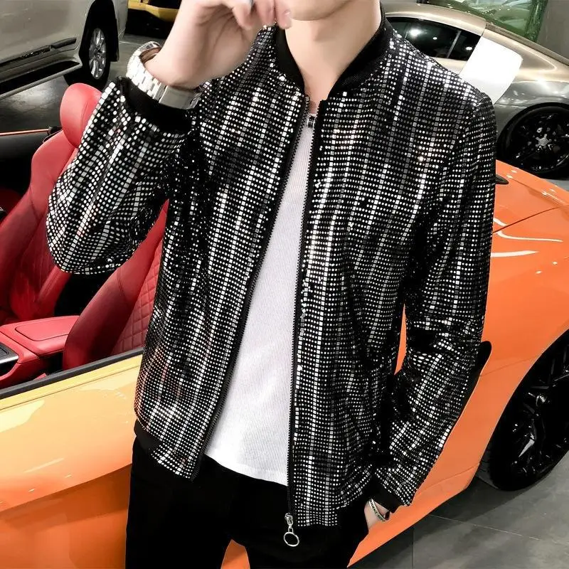 

Jas Spring New Sequined Bomber Jacket Men Long Sleeve Glitter Zipper Thin Outwear Hip Hop Loose Night Club Stage Streetwear Coat