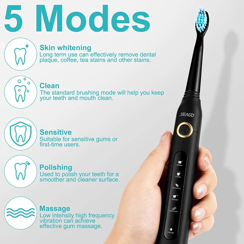 SEAGO SG-507 Ultrasonic Electric Toothbrush Rechargeable Adult Clean Toothbrush 5 Modes 2 Min Timer IPX7 with Replacement Heads