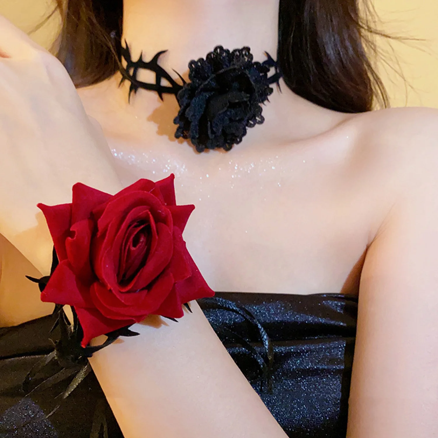 Red Black Rose Flower Choker Necklace For Women Gothic Velvet Collar Necklace Adjustable Long Chain Punk Dark Lolita Jewelry