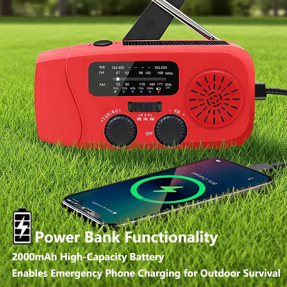 راديو FM/AM/WB محمول قابل لإعادة الشحن، كرنك راديو الطوارئ بالطاقة الشمسية، جهاز استقبال راديو FM NOAA للسفر في الهواء الطلق مع مصباح LED SOS